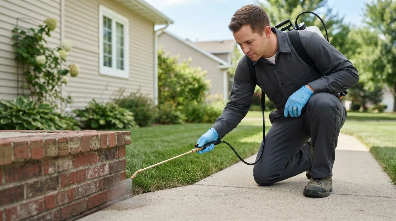 Pest control technician treating a home near Dunbar, WI